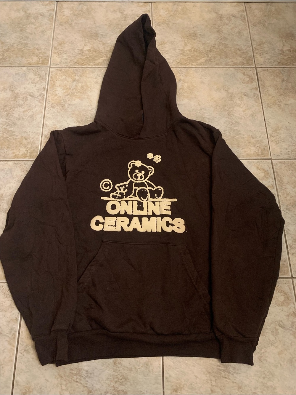 Online Ceramics Teddy Bear Graphic Hoodie Mens Sz Small Brown Heavy Hood